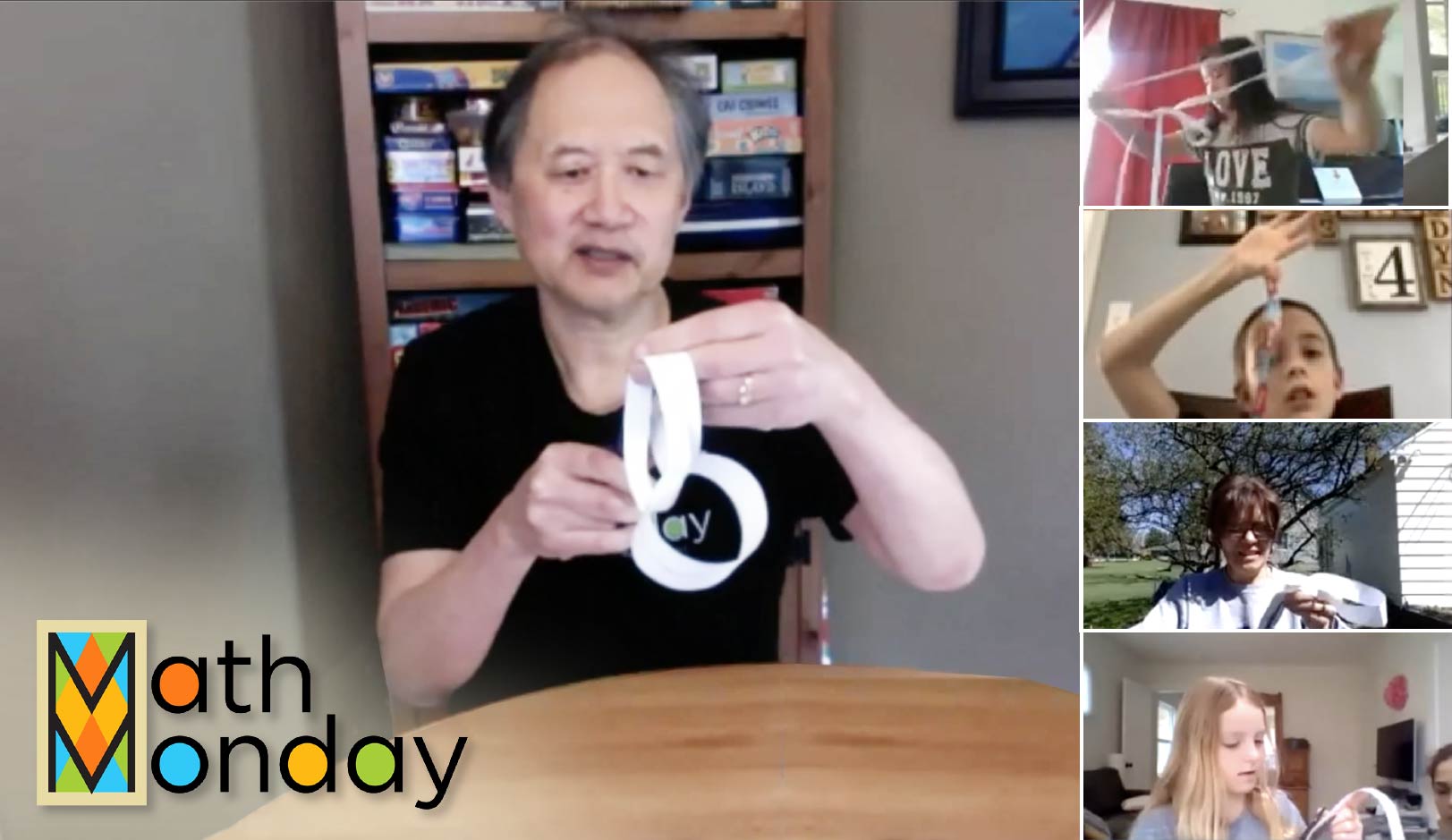 Scott Kim showing students how to make Mobius Bands on a Math Monday Live session.